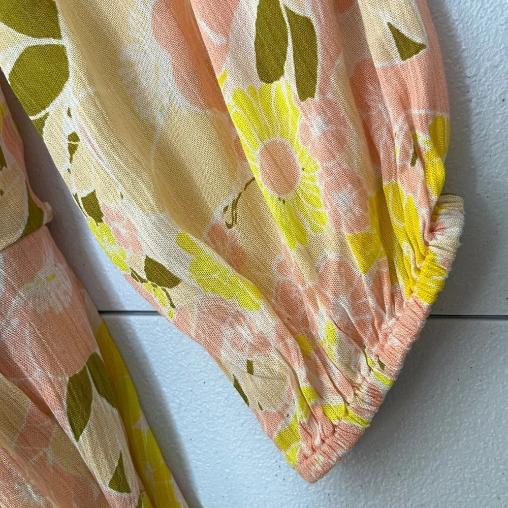 Free‎ People Tunic Top Mini Dress XS Yellow Floral Wrap Tiered Ruffle Boho Gauze